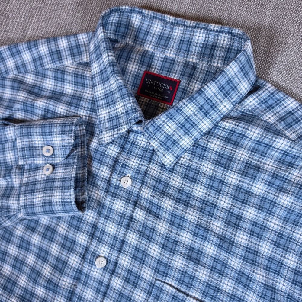 UNTUCKit Performance Button Down Mens L Blue Plaid Dhais Stretch L/S Flannel